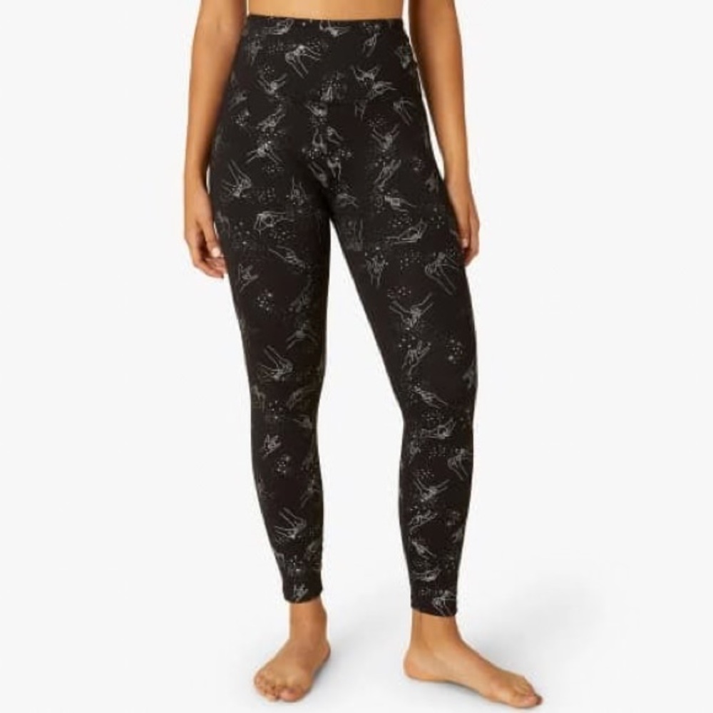 Beyond Yoga Black Leggings with Light Gray Star/Sketched Print